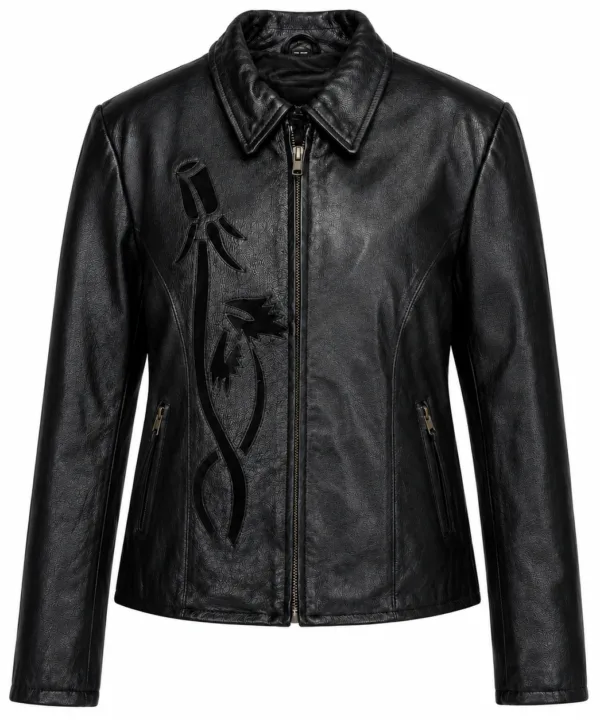 Women’s Black Leather Moto Jacket with Velvet Rose Detail
