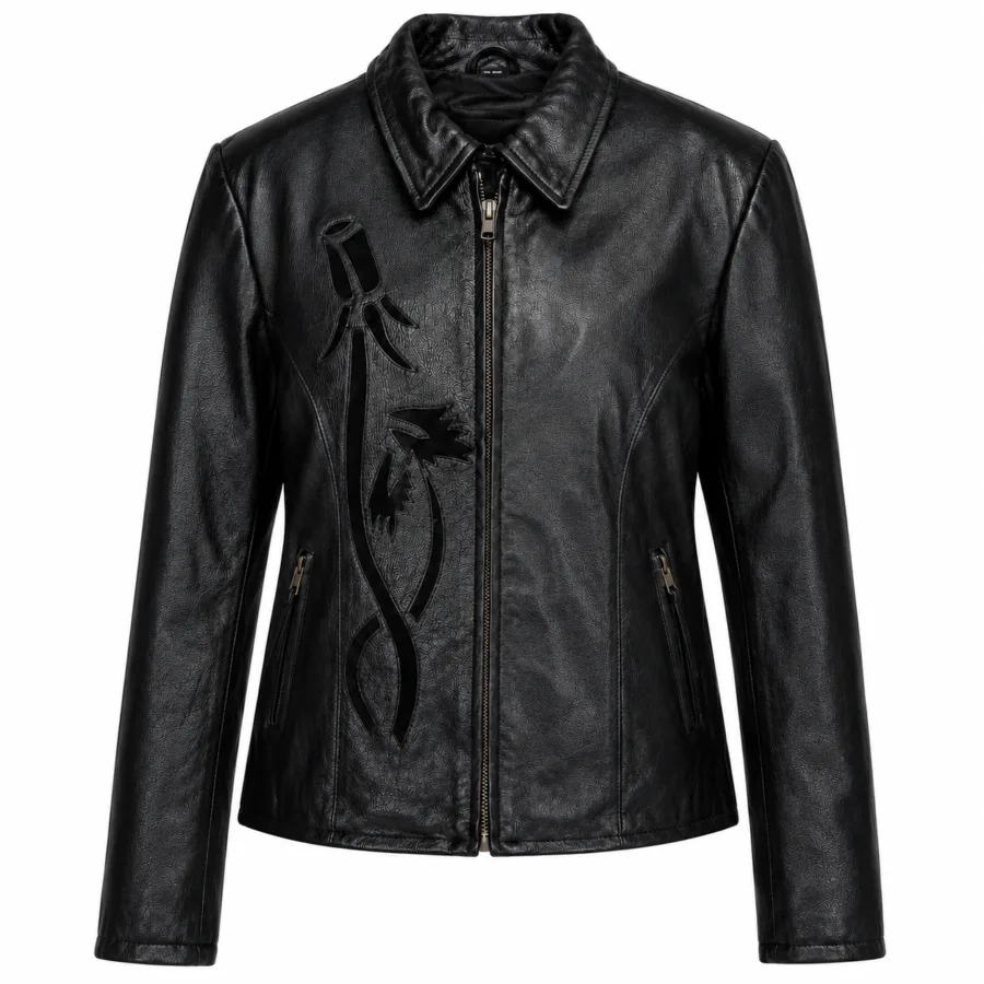Women’s Black Leather Moto Jacket with Velvet Rose Detail