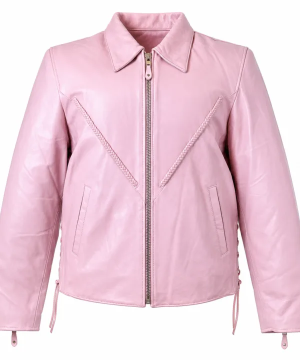 Women’s Baby Pink Lambskin Motorcycle Jacket – Laced Waist