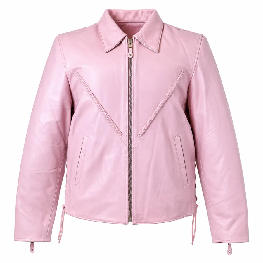 Women’s Baby Pink Lambskin Motorcycle Jacket – Laced Waist