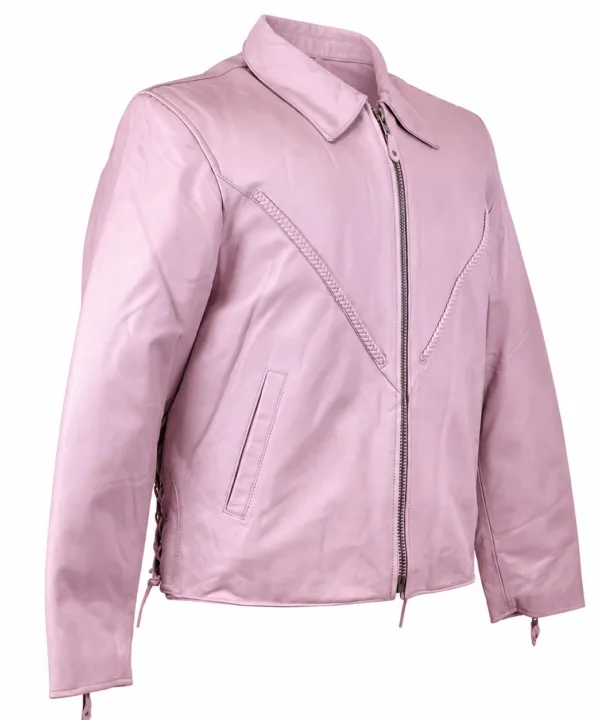 Women’s Baby Pink Lambskin Motorcycle Jacket – Laced Waist - Image 4