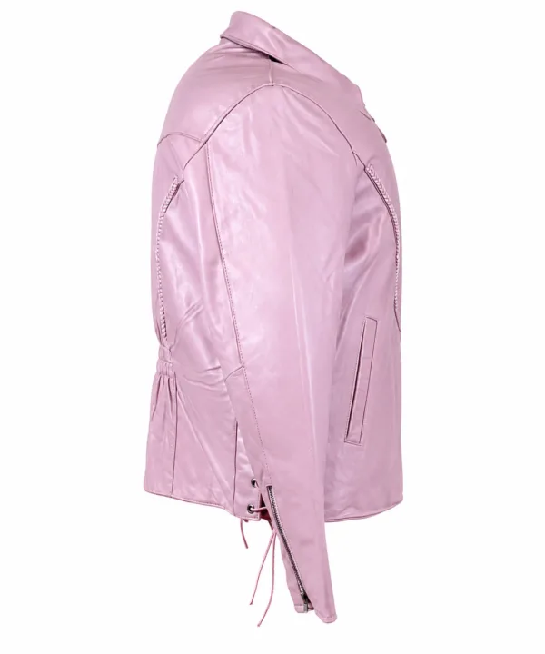 Women’s Baby Pink Lambskin Motorcycle Jacket – Laced Waist - Image 3
