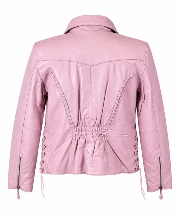 Alternative view of Women’s Baby Pink Lambskin Motorcycle Jacket – Laced Waist