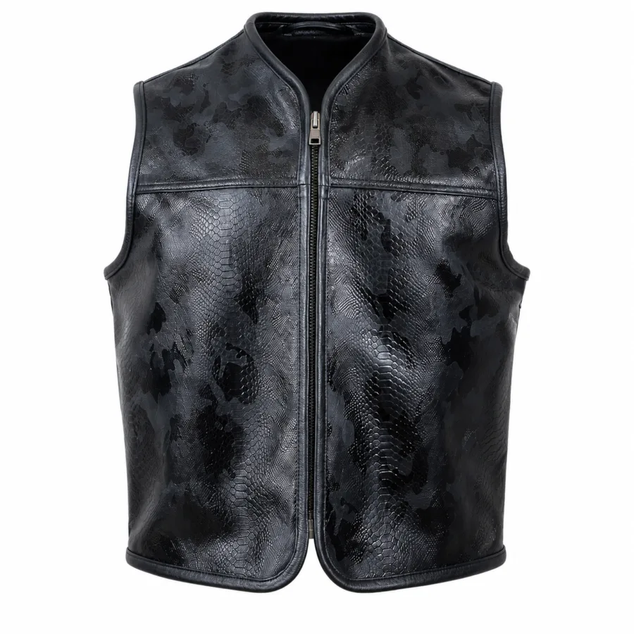 Men’s Snake-Texture Naked Cowhide Leather Club Vest