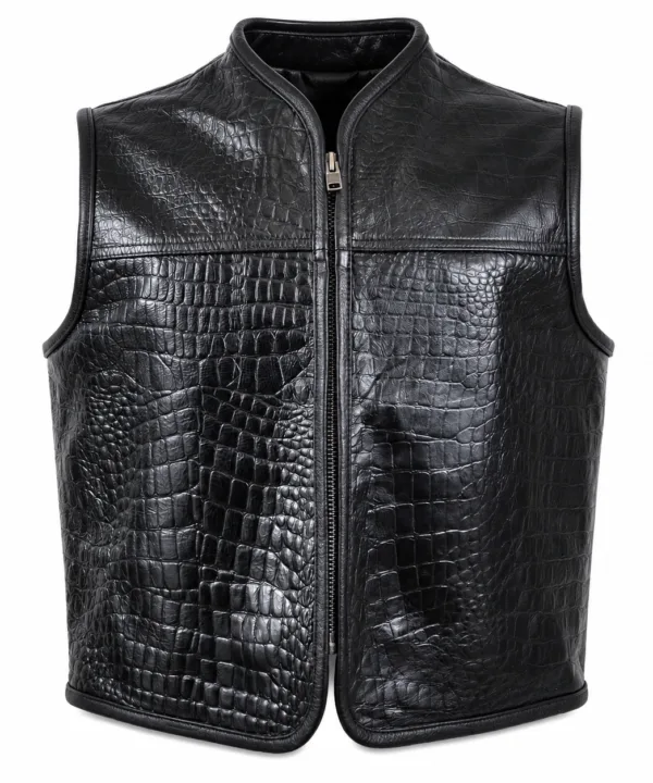 Men’s Crocodile-Texture Naked Cowhide Leather Club Vest