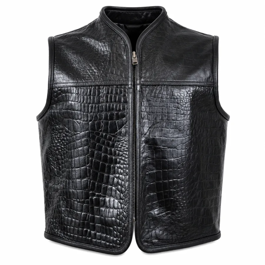 Men’s Crocodile-Texture Naked Cowhide Leather Club Vest