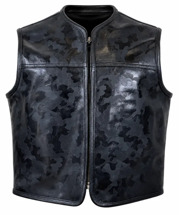 Men’s Black Camo Naked Cowhide Leather Club Vest