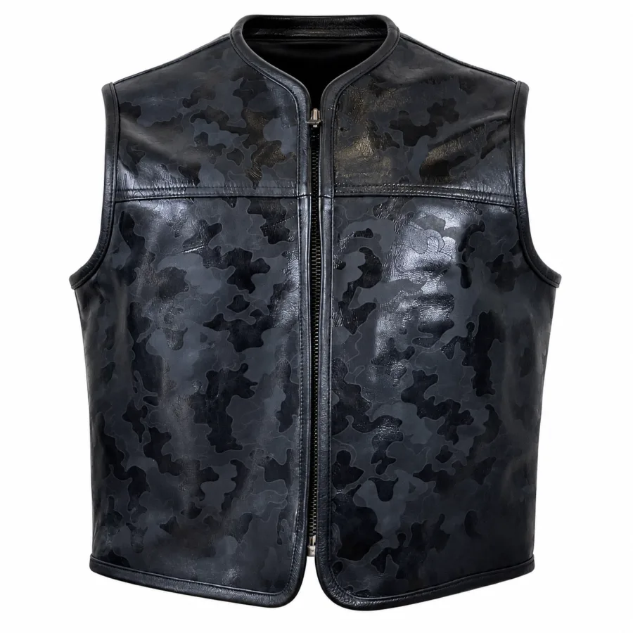 Men’s Black Camo Naked Cowhide Leather Club Vest