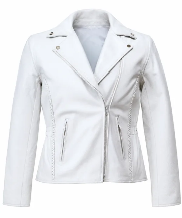 Women’s White Naked Leather Motorcycle Biker Jacket