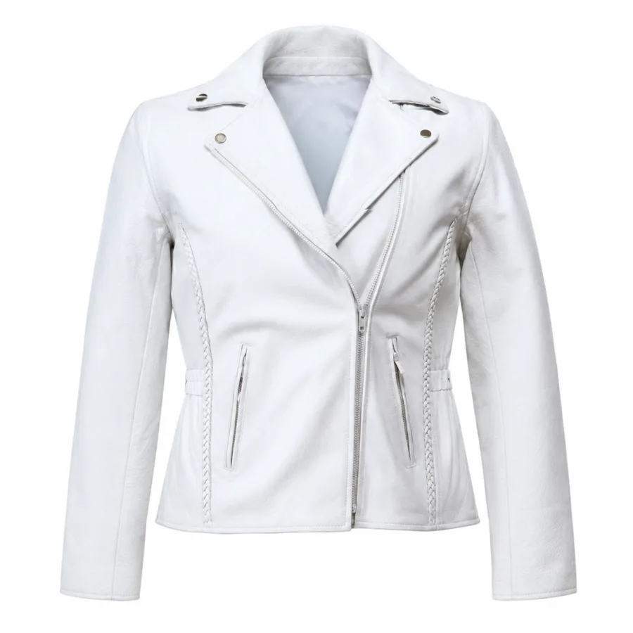 Women’s White Naked Leather Motorcycle Biker Jacket