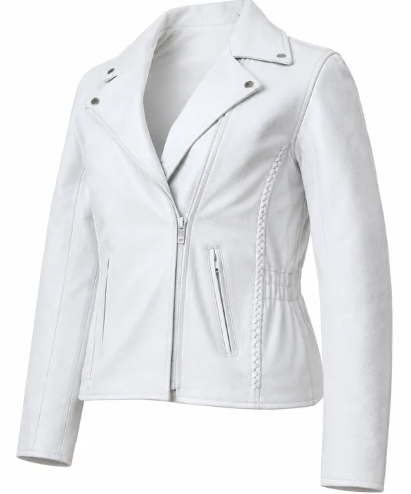 Women’s White Naked Leather Motorcycle Biker Jacket - Image 4