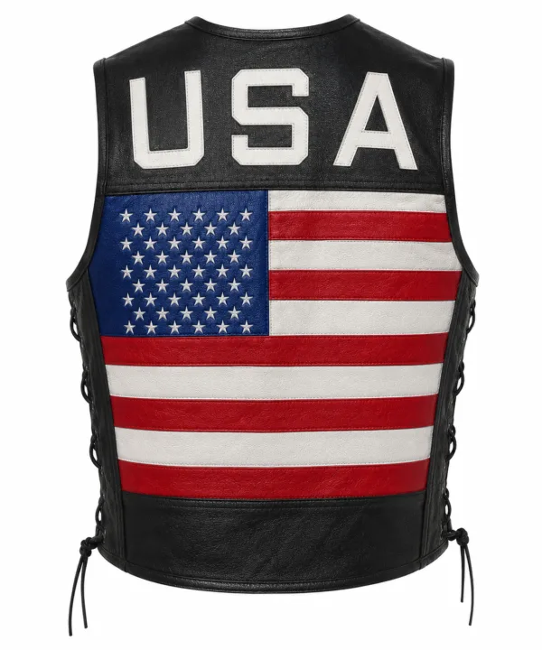 Men’s USA Flag Naked Cowhide Leather Biker Vest