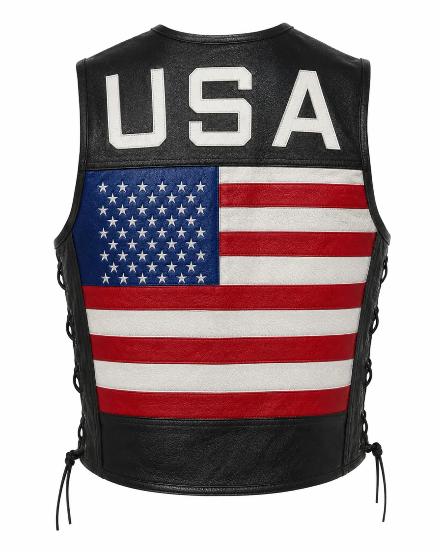 Men’s USA Flag Naked Cowhide Leather Biker Vest