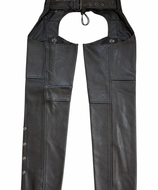 Black Naked Cowhide Leather Chaps with Classic Side Braid – Premium Biker Riding Chaps