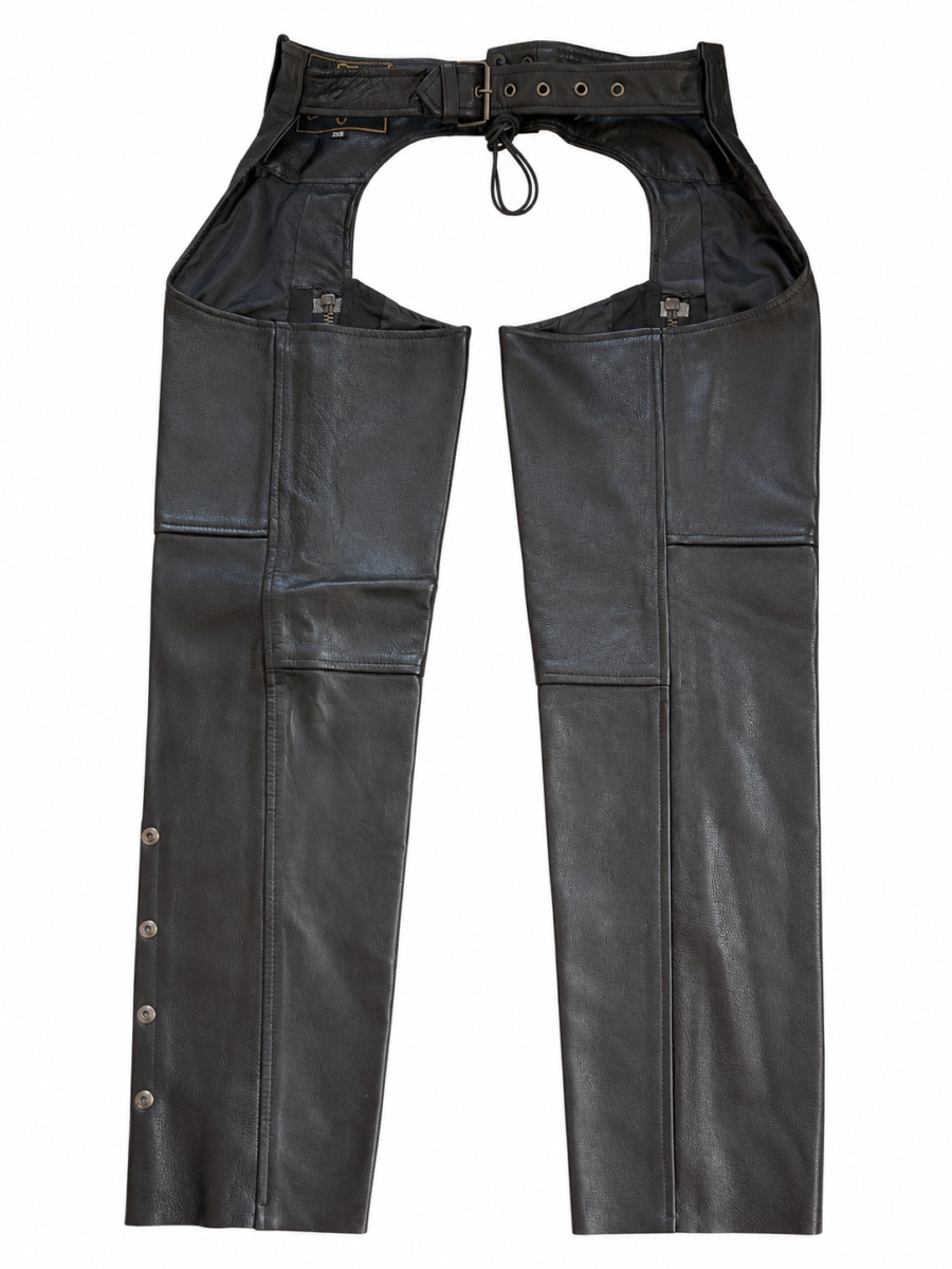 Black Naked Cowhide Leather Chaps with Classic Side Braid – Premium Biker Riding Chaps