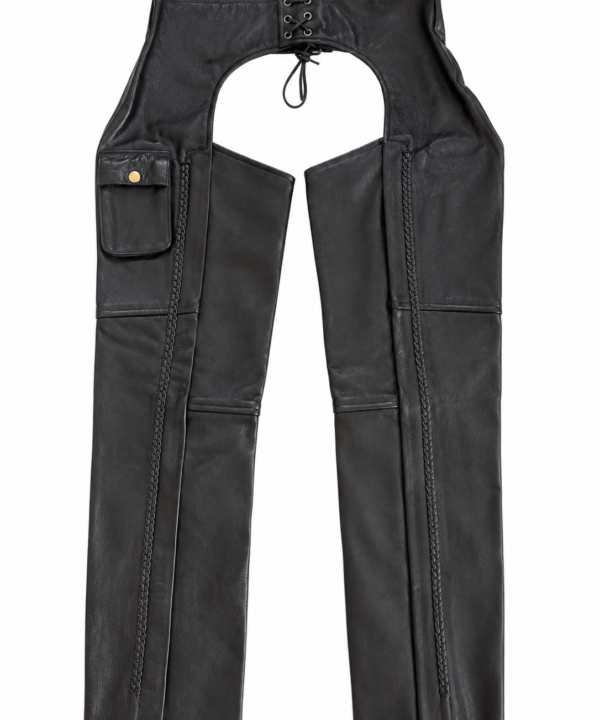 Alternative view of Black Naked Cowhide Leather Chaps with Classic Side Braid – Premium Biker Riding Chaps