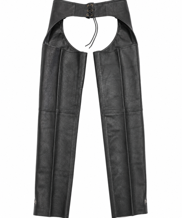 Alternative view of Black Naked Cowhide Leather Motorcycle Chaps – Silver Snap Buttons & Side Zipper