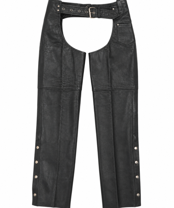 Black Naked Cowhide Leather Motorcycle Chaps – Silver Snap Buttons & Side Zipper