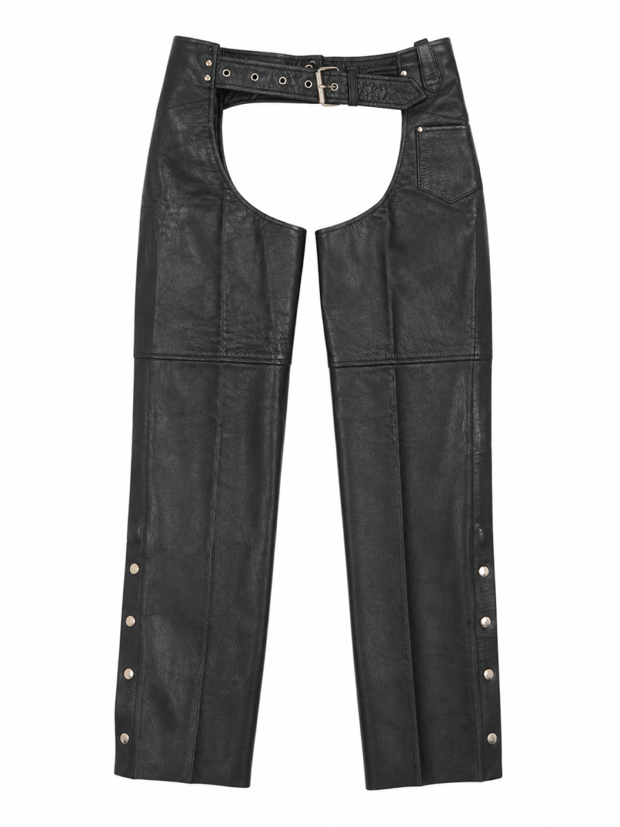 Black Naked Cowhide Leather Motorcycle Chaps – Silver Snap Buttons & Side Zipper