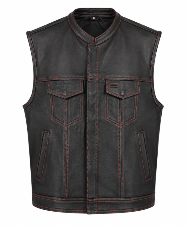 Men's Black Leather Club Vest with Red Contrast Stitching – Zip-Front SOA-Style Biker Vest