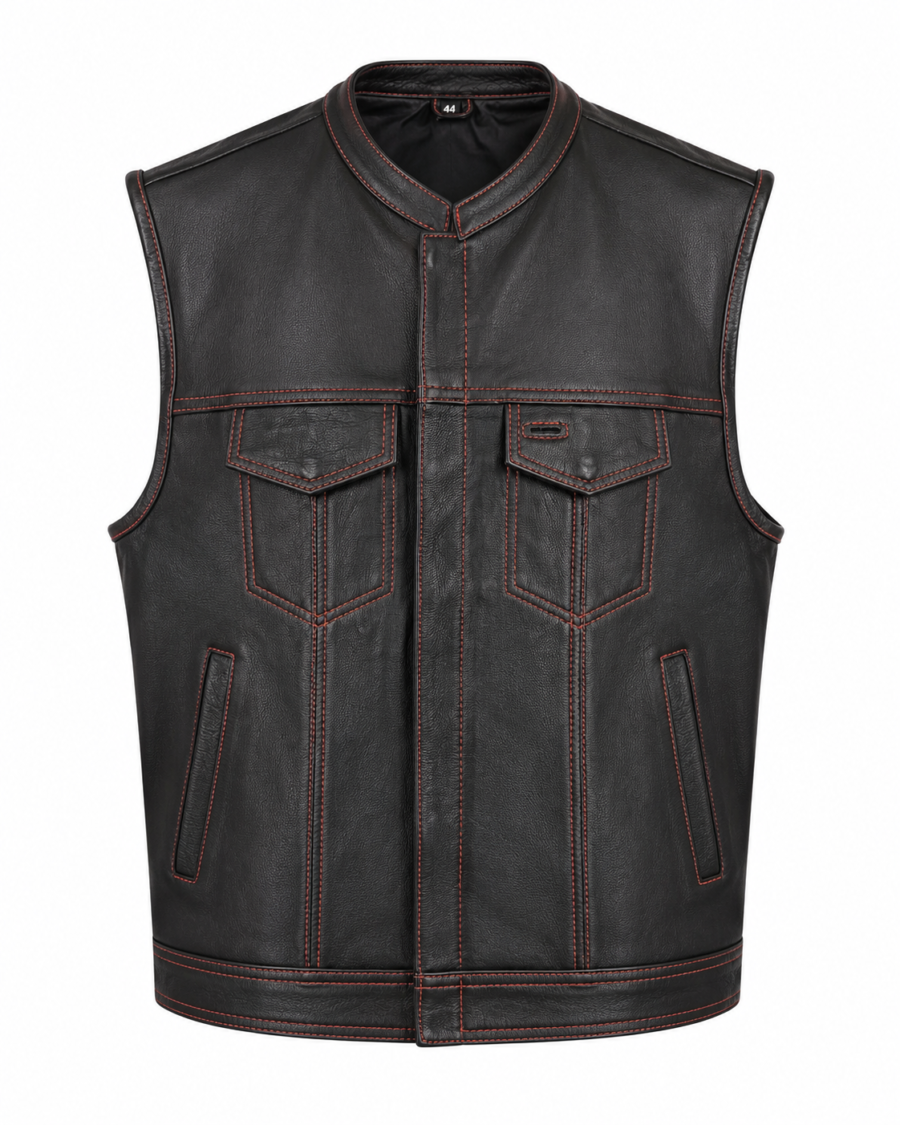 Men's Black Leather Club Vest with Red Contrast Stitching – Zip-Front SOA-Style Biker Vest