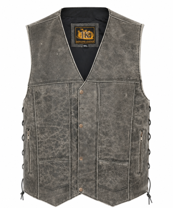 Men's Grey Distressed Naked Cowhide Leather Motorcycle Vest – Side-Lace MC Biker Vest