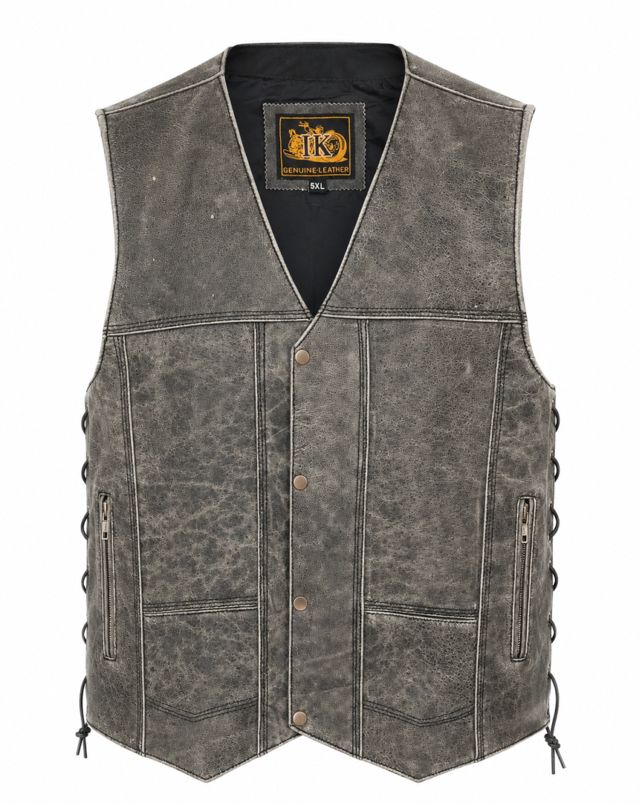 Men's Grey Distressed Naked Cowhide Leather Motorcycle Vest – Side-Lace MC Biker Vest