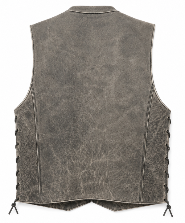 Men's Grey Distressed Naked Cowhide Leather Motorcycle Vest – Side-Lace MC Biker Vest - Image 2