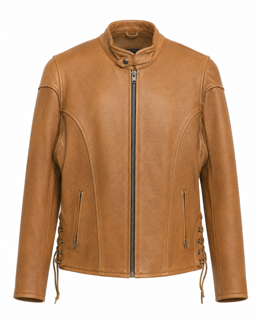 Men's Light Brown Naked Leather Café Racer Jacket – Slim-Fit Moto Biker Jacket