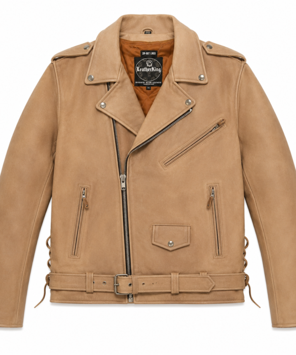 Men's Light Brown Naked Cowhide Leather Motorcycle Jacket – Classic Belted MC Biker Jacket