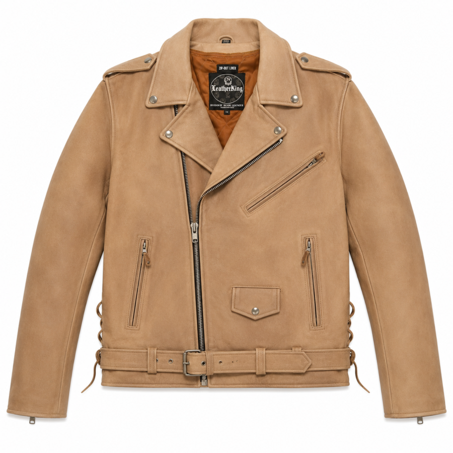 Men's Light Brown Naked Cowhide Leather Motorcycle Jacket – Classic Belted MC Biker Jacket