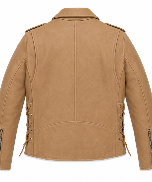 Alternative view of Men's Light Brown Naked Cowhide Leather Motorcycle Jacket – Classic Belted MC Biker Jacket