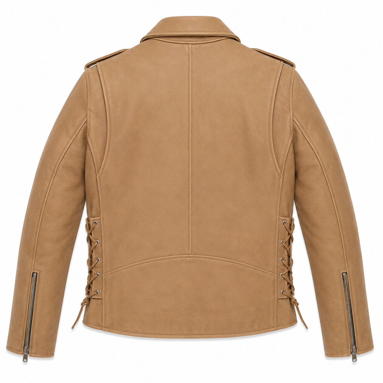 Men's Light Brown Naked Cowhide Leather Motorcycle Jacket – Classic Belted MC Biker Jacket - Image 2