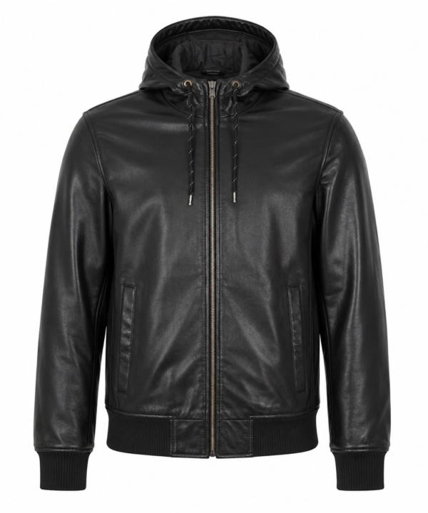 Men's Lambskin Leather Hooded Jacket – Soft Black Leather Hoodie with Zip Front