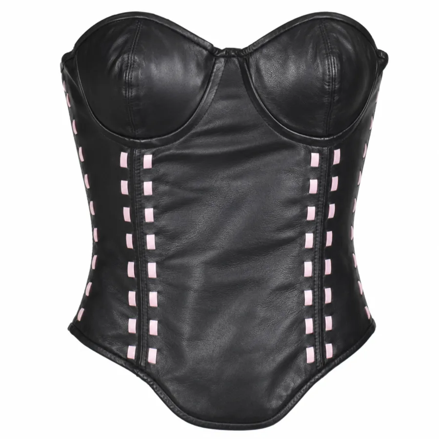 Women's Black Leather Corset with Bra Cups