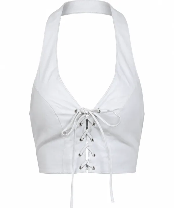 Women's White Leather Halter With Laces