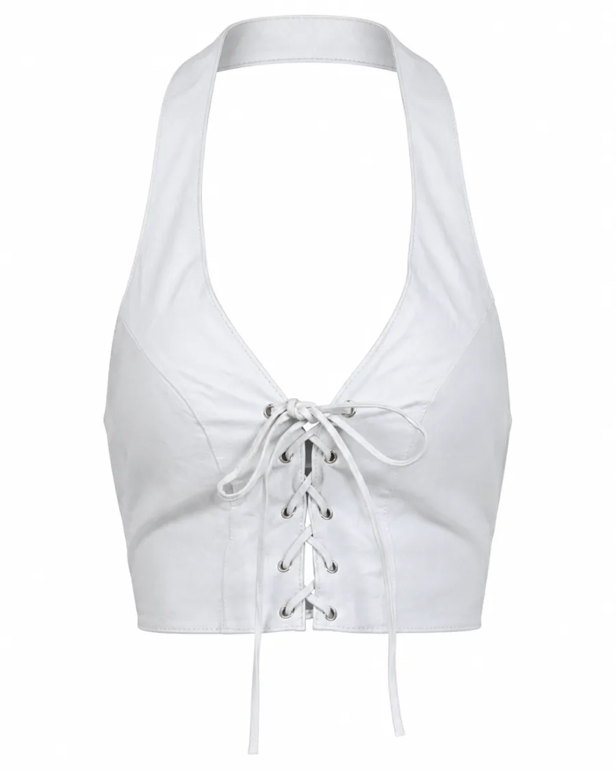 Women's White Leather Halter With Laces