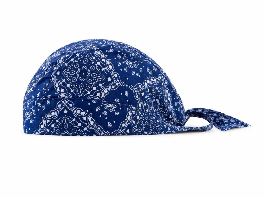 Navy blue paisley print pre-tied bandana skull cap