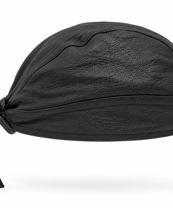 Plain black leather pre-tied biker bandana skull cap – view 3
