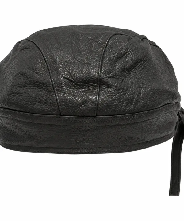Plain black leather pre-tied biker bandana skull cap – view 2