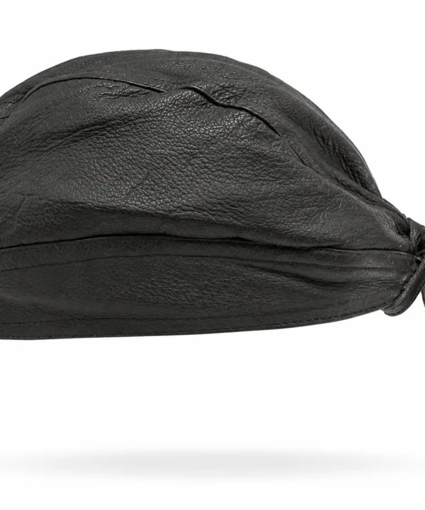 Plain black leather pre-tied biker bandana skull cap