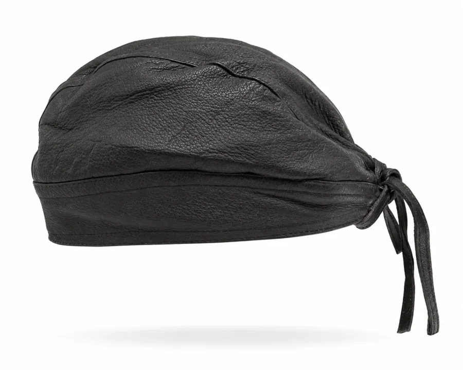 Plain black leather pre-tied biker bandana skull cap