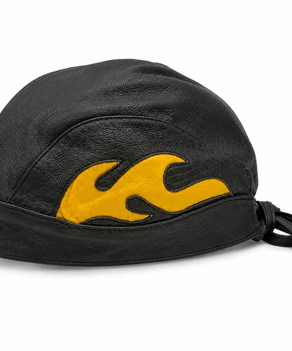 Black leather bandana skull cap with yellow flame appliqué – view 3