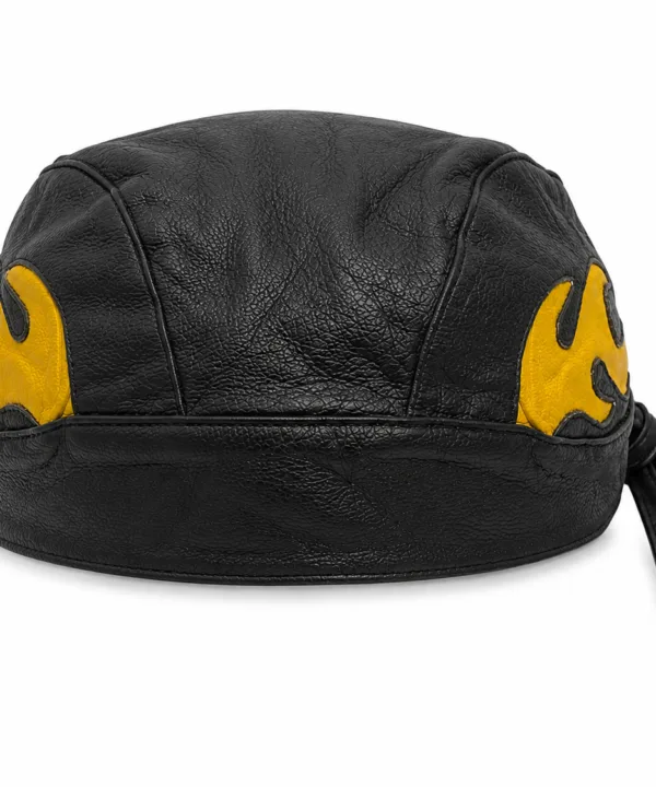 Black leather bandana skull cap with yellow flame appliqué – view 2