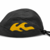 Black leather bandana skull cap with yellow flame appliqué