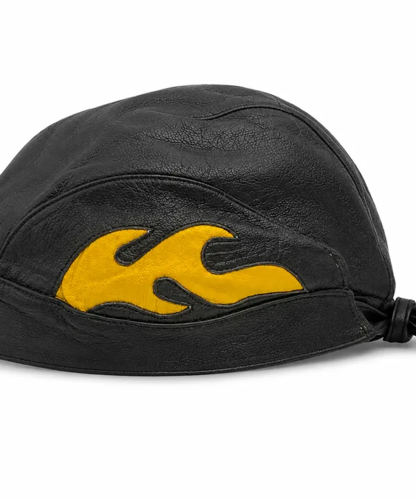Black leather bandana skull cap with yellow flame appliqué