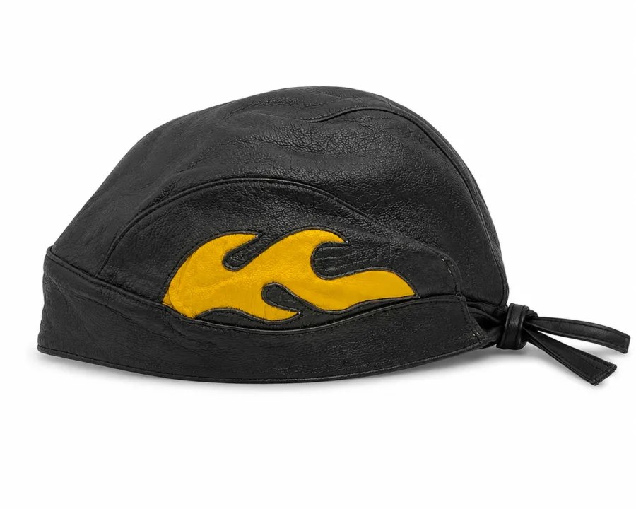 Black leather bandana skull cap with yellow flame appliqué