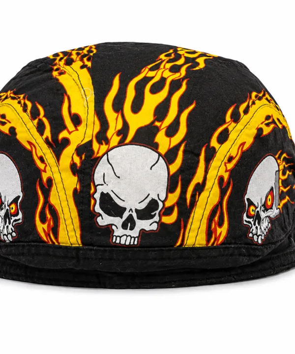 Black bandana skull cap with orange flames and white skull graphics – view 2