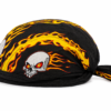 Black bandana skull cap with orange flames and white skull graphics