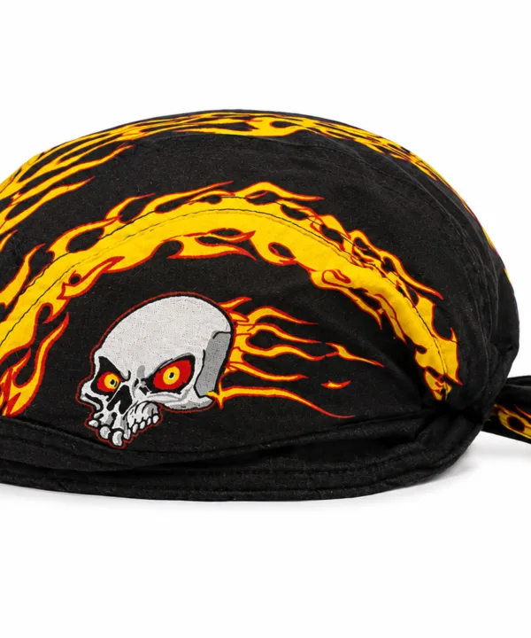 Black bandana skull cap with orange flames and white skull graphics